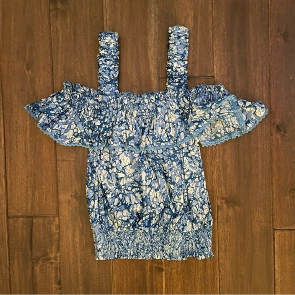 House of Harlow 1960 Martine Blue Ruffle Smocked Top XS NWT